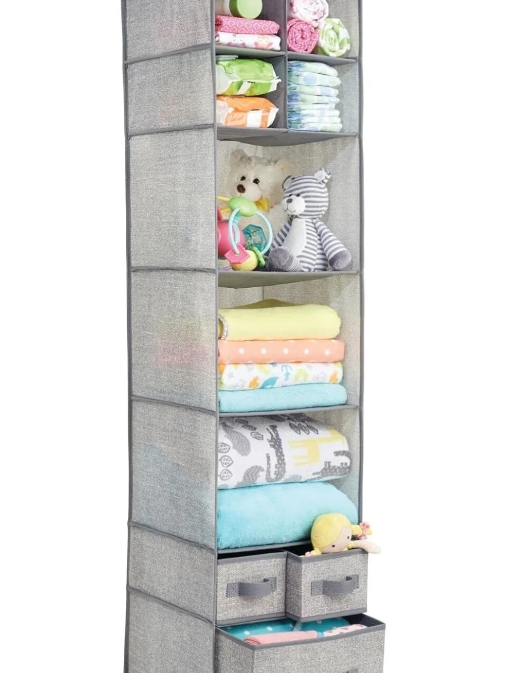Fabric Hanging Organizer - Over Rod Storage - 7 Shelves/3 Removable Drawers